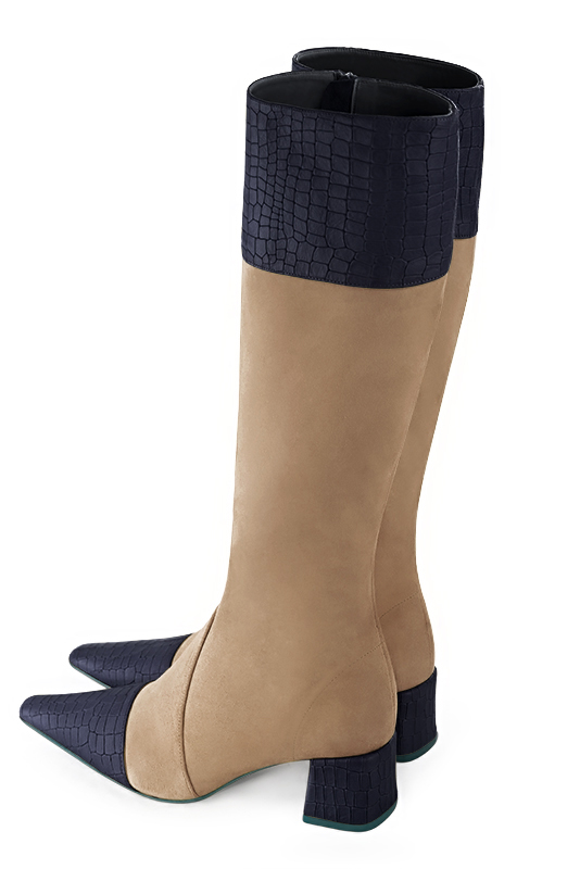 Navy blue and tan beige women's feminine knee-high boots. Tapered toe. Medium block heels. Made to measure. Top view - Florence KOOIJMAN